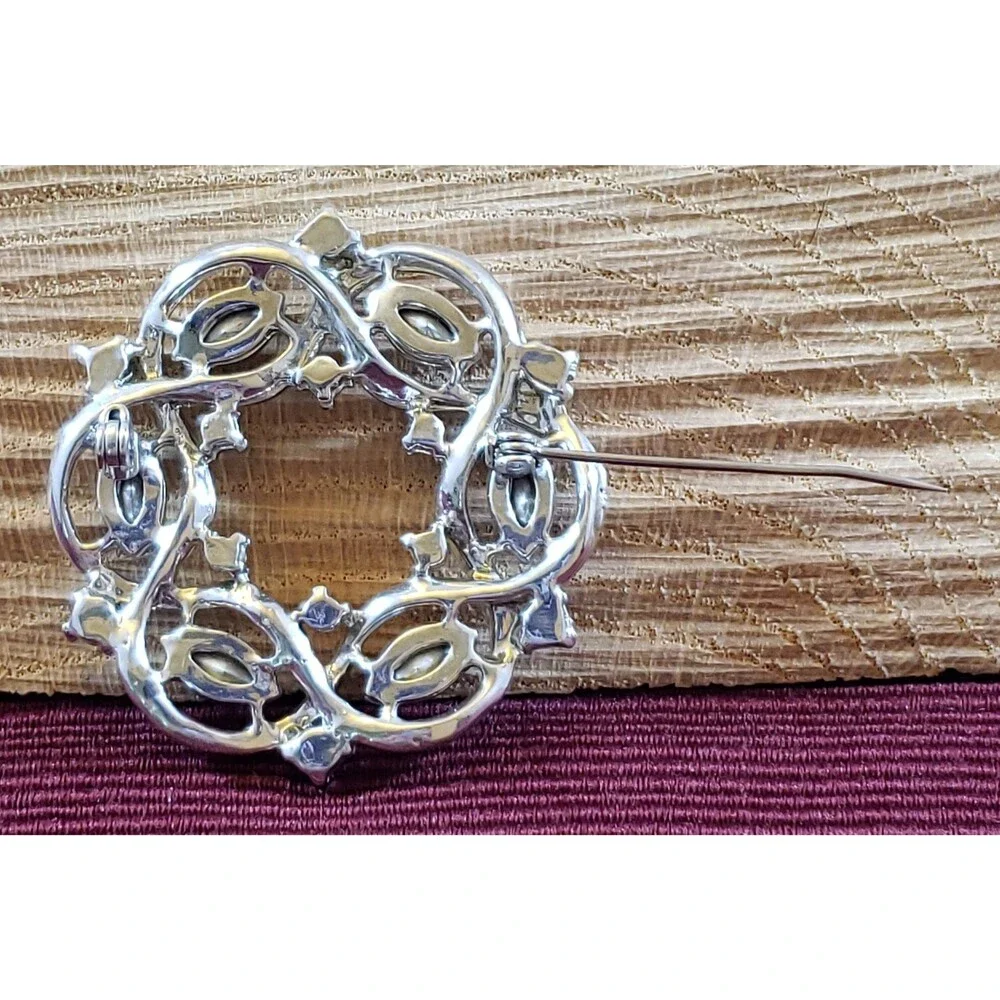 Vintage Unsigned Round Metal Brooch/Pin, Silver Tone Ribbon, Blue Rhinestones